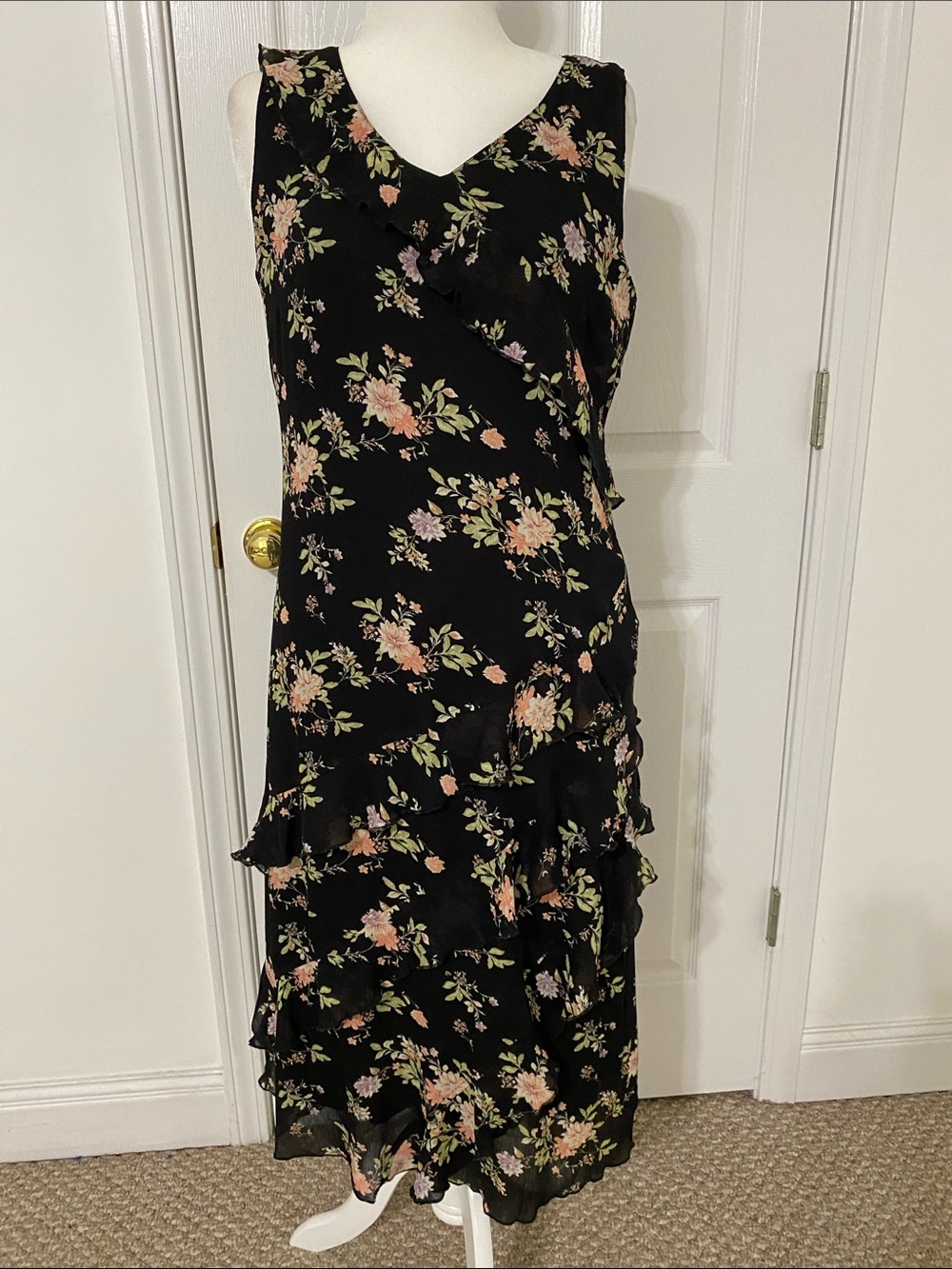Coldwater Creek “Poetry in Motion” Black Floral Ruffle Midi Dress-Retail $155